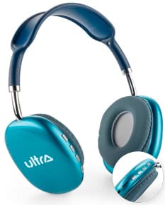 Fone de ouvido Bluetooth com design moderno, em metal e plástico preto. Equipamento de tecnologia avançada para ouvir música e áudio com alta qualidade. Com cabo de conexão, botões de volume e details em prata. Ideal para uso em estúdios, negócios ou lazer.