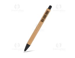 Bamboo ballpoint pen in black with silver details, placed on a white paper and a notebook. The item is positioned closed