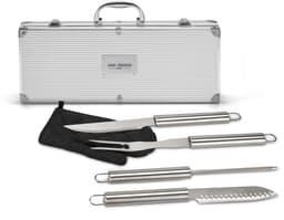 BBQ set in an aluminum case, ideal for your trips and outings. Safe and practical, it features sturdy handles and a secure