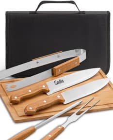 Kit churrasco com faca de aço inoxidável e tesoura afiada. Ideal para negócios e momentos de lazer. Acompanha alça de couro e