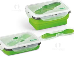 Marmita retrátil em silicone de 640ml com uma variedade de alimentos saudáveis, como ervilhas, frutas, legumes e legumes