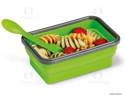 Marmita retrátil em silicone de 640ml com uma variedade de alimentos saudáveis, como ervilhas, frutas, legumes e legumes
