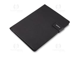 Pasta executiva preta com bloco de papel e suporte para notebook e drive externo, equipamento de escritório moderno e prático