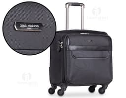 Mala de viagem para notebook preta, com fecho de metal, compartimento para laptop, teclado, botão, conexão, drive e demais
