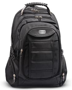 Mochila preta de couro para notebook com saída de fone, moderna e elegante, ideal para viagens e atividades esportivas.