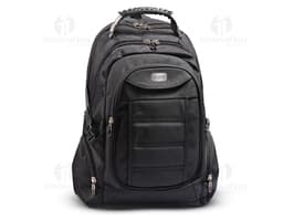 Mochila preta de couro para notebook com saída de fone, moderna e elegante, ideal para viagens e atividades esportivas.