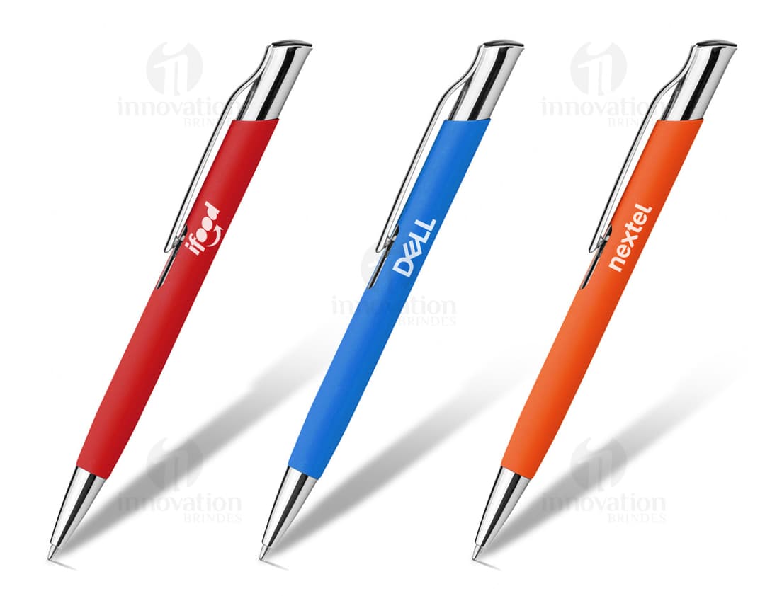 Caneta de metal esferográfica em diversas cores, ideal para escrita suave e precisa. Perfeita para uso escolar, escritório e