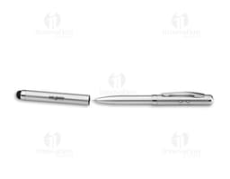 Caneta esferográfica de metal prateado com lanterna, ideal para uso no escritório ou negócios. Equipamento de escrita de alta