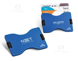 Porta tarjetas de aluminio con bloqueo elástico en un diseño moderno y colorido. El objeto posee un símbolo de negocio y un