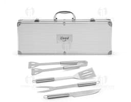 Stainless steel BBQ set with a chrome case and handle. Perfect for business or leisure barbecues. Keep your grilling tools
