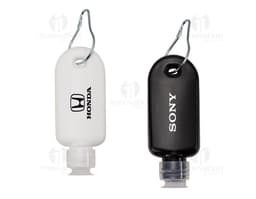 Frasco plástico 40ml com mosquetão para brindes eletrônicos. Acessório moderno e prático para o seu dia a dia de trabalho.