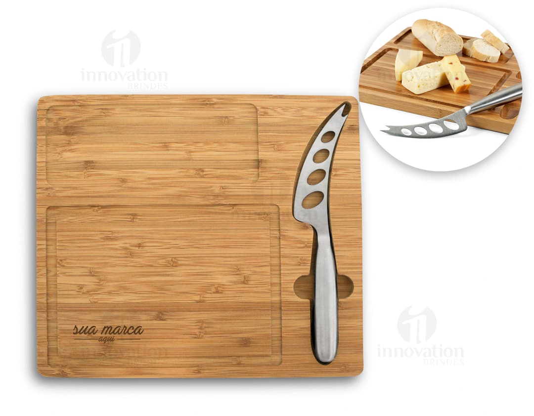 Tábua de queijo de madeira com faca de aço inoxidável - Perfeita para servir seus petiscos favoritos em casa. Design moderno