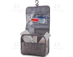 Necessaire preta de poliéster com espaço interno, ideal para armazenar objetos, equipamentos e dinheiro com segurança.