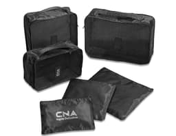 Kit nécessaire de 6 peças em couro sintético preto, perfeito para viagens e para o dia a dia. Com design moderno e elegante
