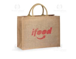 Bolsa de compras de juta marrom com alças de metal, fecho de cadeado, vazia e aberta. Inclui etiqueta de preço, símbolo de