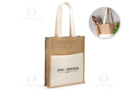 Sacola de juta de 240g com bolso frontal, ideal para compras seguras e protegidas. O fecho de cadeado garante a proteção do