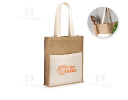 Sacola de juta de 240g com bolso frontal, ideal para compras seguras e protegidas. O fecho de cadeado garante a proteção do