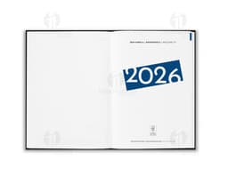 Agenda 2026 com suporte para esferográfica em fundo branco.