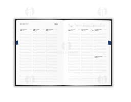 Agenda 2026 com suporte para esferográfica em fundo branco.