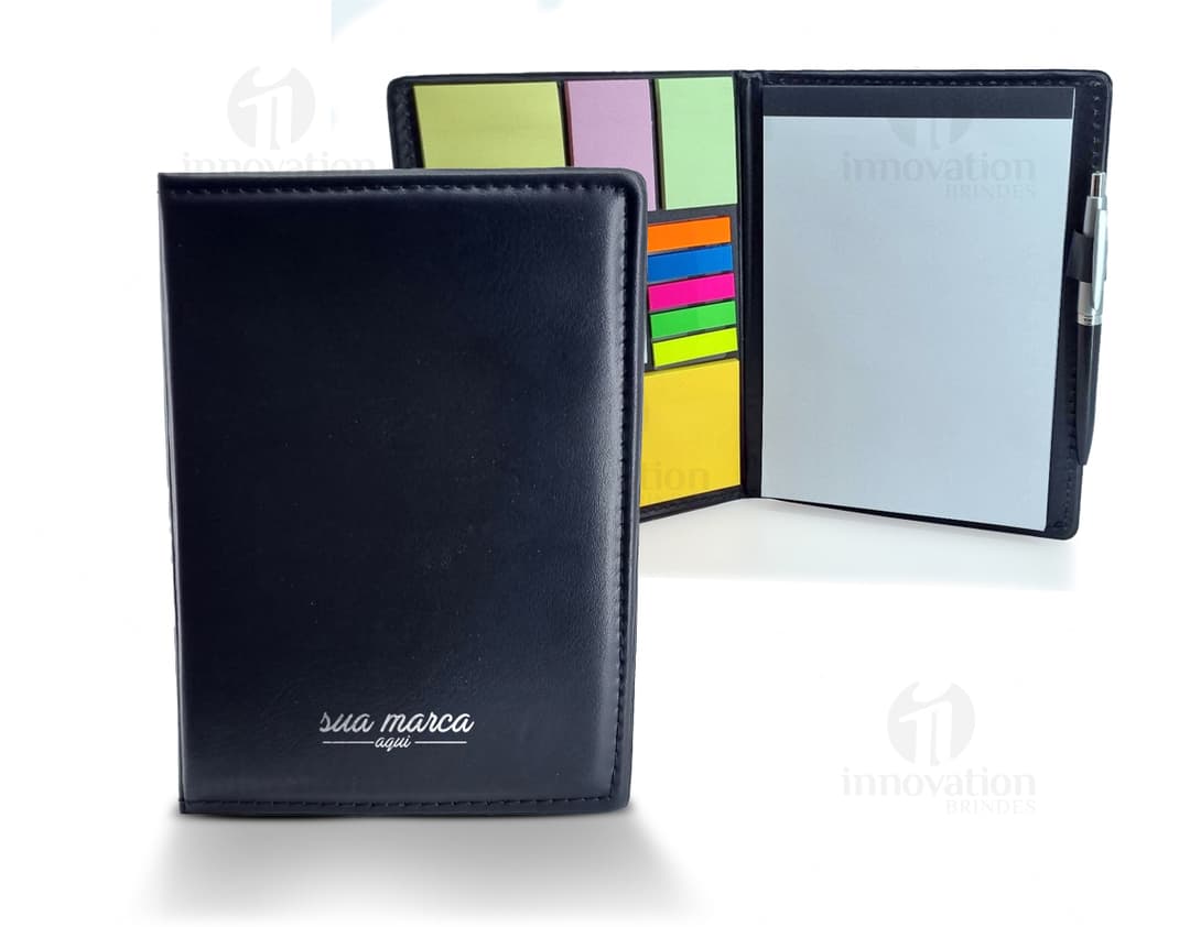 Bloco de anotações com autoadesivos em couro preto para organização no escritório ou em casa. Perfeito para guardar