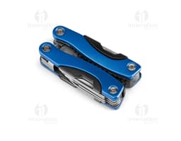 Foto de um mini alicate multifunções em metal prateado e preto. Ideal para várias atividades, como cortar fios e reparos