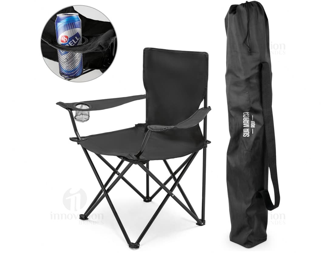 Black leather folding chair in a modern office environment, with a smiling executive man sitting in front of a desk with a