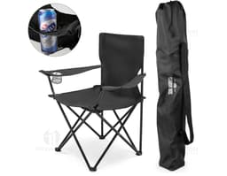 Black leather folding chair in a modern office environment, with a smiling executive man sitting in front of a desk with a