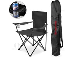 Black leather folding chair in a modern office environment, with a smiling executive man sitting in front of a desk with a