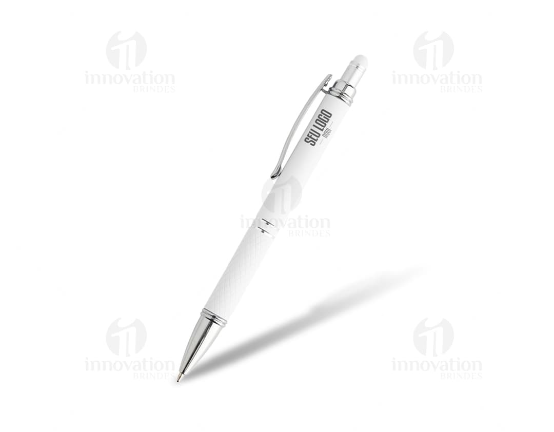 Caneta Touch com acabamento emborrachado em metal prateado, design moderno e elegante. Ideal para escrita e desenho, possui