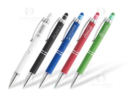 Caneta Touch com acabamento emborrachado em metal prateado, design moderno e elegante. Ideal para escrita e desenho, possui