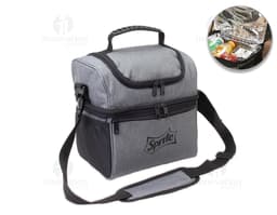 Bolsa térmica dupla de 16 litros em couro preto moderno com alça de mão e alça de ombro, fecho em zíper, bolso externo e