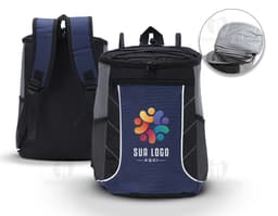 Mochila térmica de 18 litros em couro preto e metal prateado, com alça de transporte, fecho de fita e design moderno e