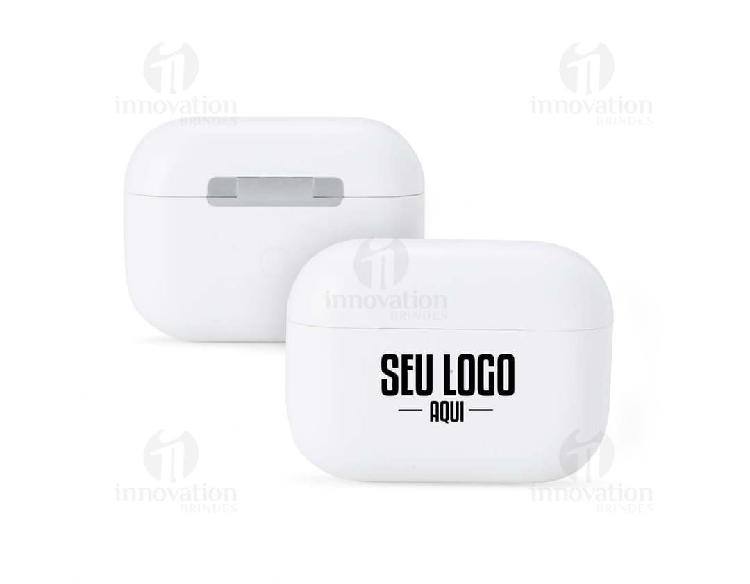 Auricular Bluetooth com Case preto e prateado, design moderno e compacto. Possui botões de controlo, conexão sem fios
