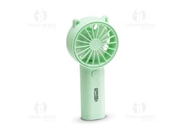 Mini Ventilador elétrico de design vintage em forma de garrafa de vidro transparente com detalhes prateados e amarelos. O