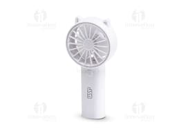 Mini Ventilador elétrico de design vintage em forma de garrafa de vidro transparente com detalhes prateados e amarelos. O