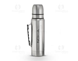 Garrafa térmica de aço inox de 1L com tampa dupla, ideal para manter líquidos quentes ou frios por longos períodos. A garrafa