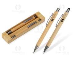 Conjunto de caneta e lapiseira em bambu, perfeito para presentear com elegância e sustentabilidade. Ideal para quem busca