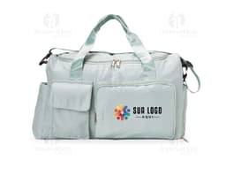 Bolsa esportiva de 28 litros em nylon marrom e preto com alças de couro, zipper, bolso e fivela. Ideal para viagens, academia