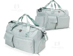 Bolsa esportiva de 28 litros em nylon marrom e preto com alças de couro, zipper, bolso e fivela. Ideal para viagens, academia