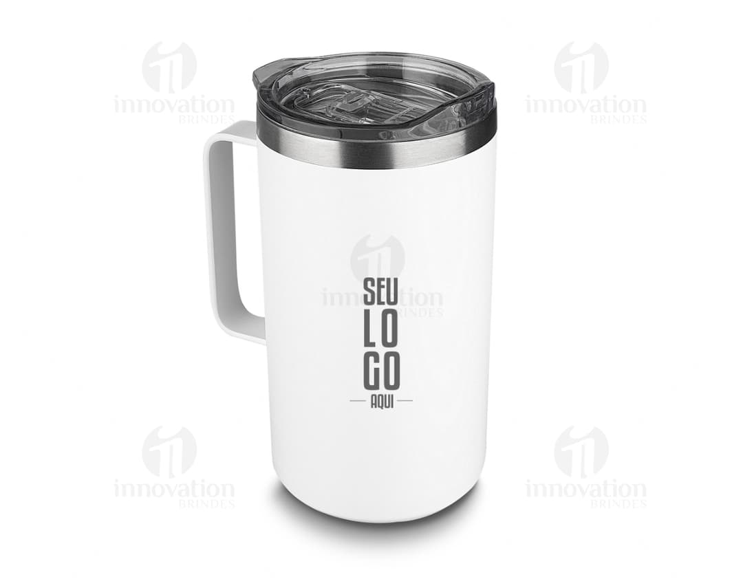 Tazza termica 750ml in metallo cromato, con design moderno e tecnologico. L'immagine mostra l'oggetto vuoto in uno studio con