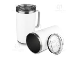 Tazza termica 750ml in metallo cromato, con design moderno e tecnologico. L'immagine mostra l'oggetto vuoto in uno studio con