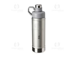 Garrafa térmica 700ml em metal prateado, moderna e profissional. Apresenta design retro e clássico, com tampa de aperto e