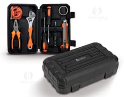 8-piece tool kit in black metal and plastic, including flathead screwdriver, adjustable wrench, drill bit, pliers, hammer