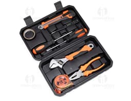 8-piece tool kit in black metal and plastic, including flathead screwdriver, adjustable wrench, drill bit, pliers, hammer