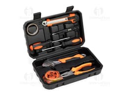 8-piece tool kit in black metal and plastic, including flathead screwdriver, adjustable wrench, drill bit, pliers, hammer