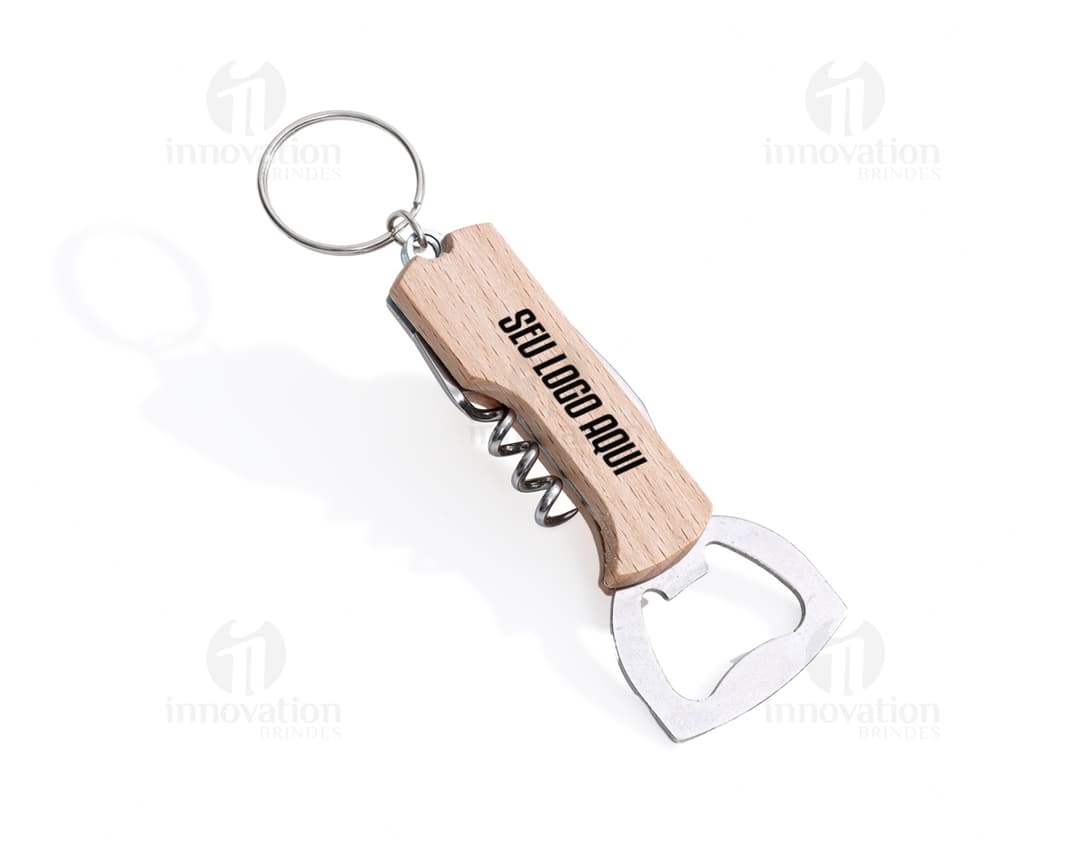 Multifunction keychain bottle opener in silver metal, featuring a guitar design with strings, also including a corkscrew.