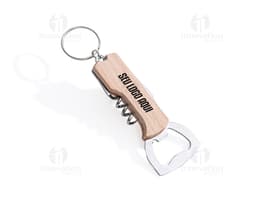 Multifunction keychain bottle opener in silver metal, featuring a guitar design with strings, also including a corkscrew.
