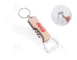 Multifunction keychain bottle opener in silver metal, featuring a guitar design with strings, also including a corkscrew.