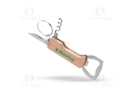 Multifunction keychain bottle opener in silver metal, featuring a guitar design with strings, also including a corkscrew.