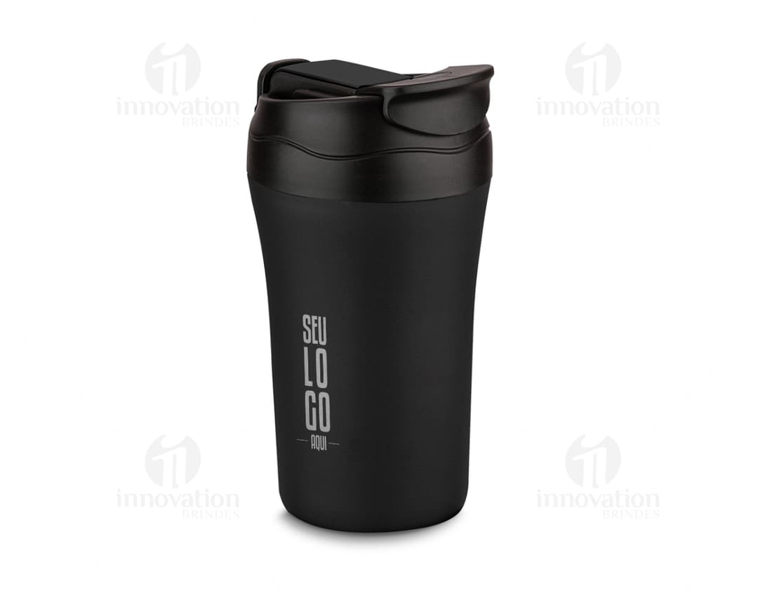 Copo térmico 300ml em aço inoxidável preto. Mantenha sua bebida quente ou fria por horas. Ideal para uso pessoal, academia ou